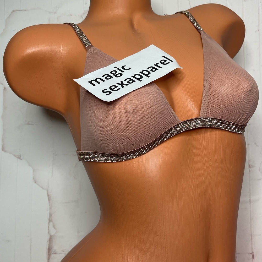 VS M SHINE STRAP TRIANGLE BRALETTE BRA CRYSTALS RHINESTONES SHEER MESH NUDE TAN